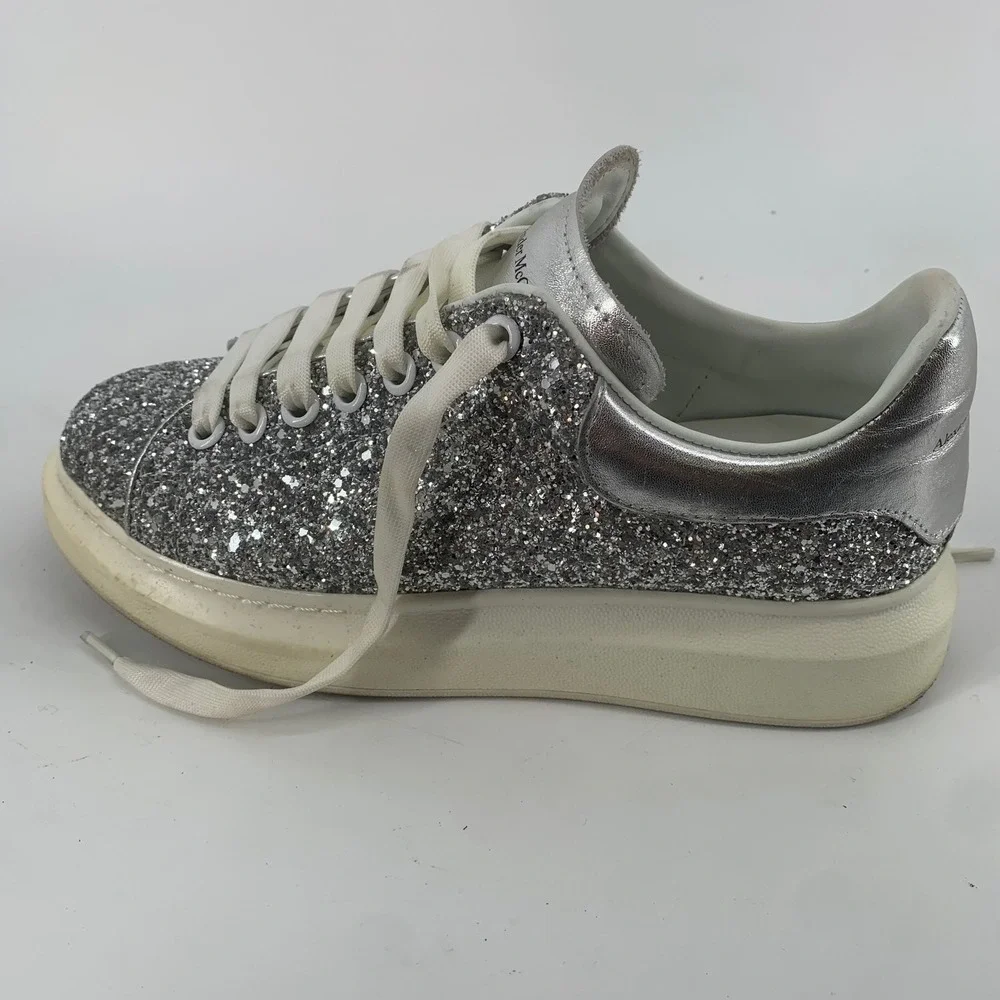 Alexander McQueen Womans 10 Oversized Silver Glitter Platform Sneakers 40